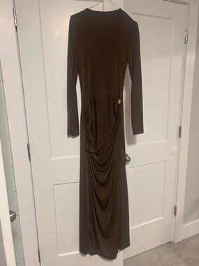 Long Sleeve Brown Maxi Dress - Elegant Draped front